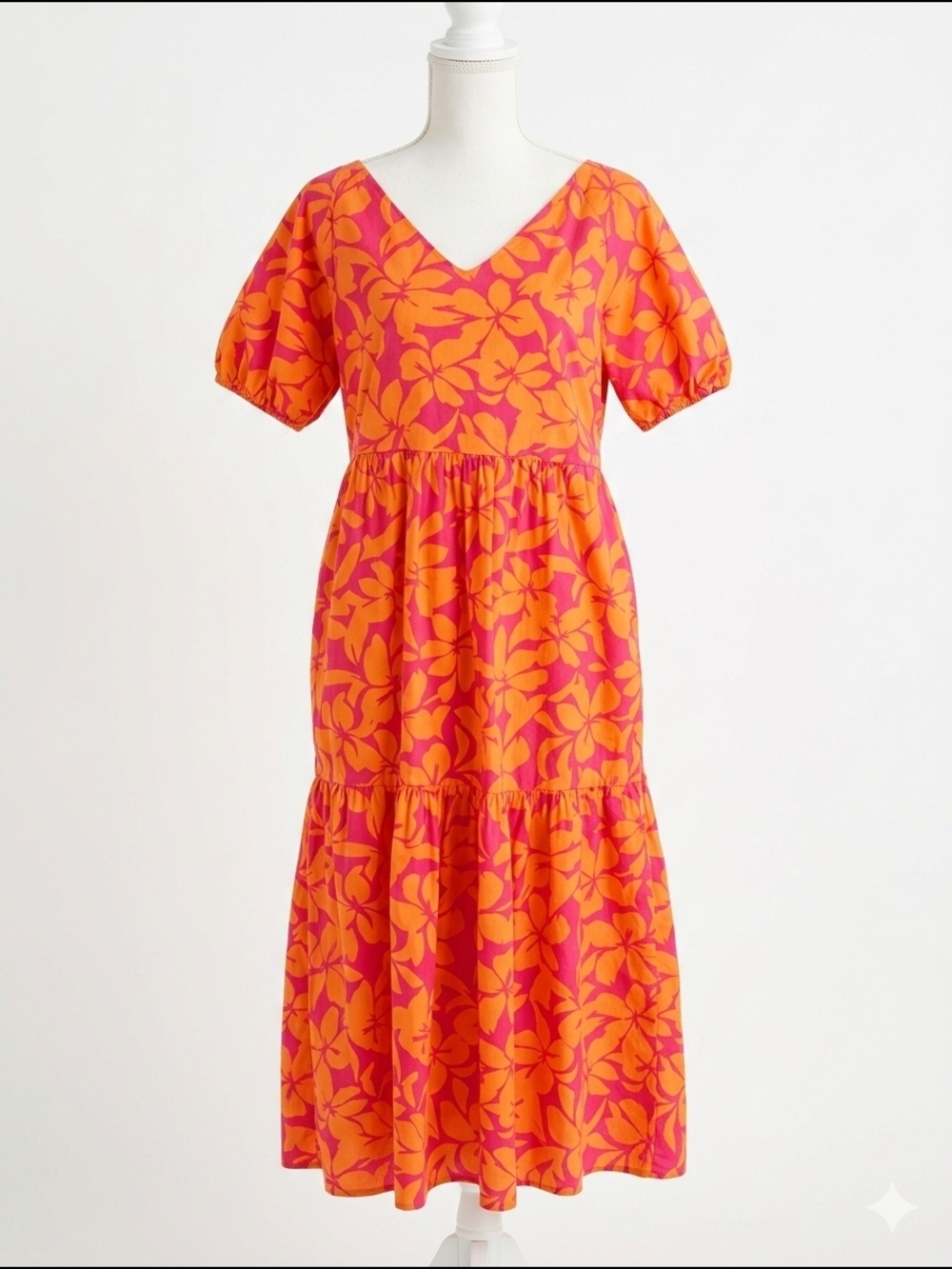 J Crew Women's Orange & Pink Floral V-Neck Maxi Dress Size 10 Vacation‎ Cotton